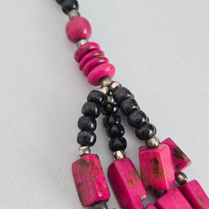 Chunky Pink Stone Statement Necklace Multi Strand Boho Tribal Style