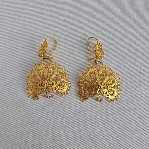 Vintage Gold Tone Peacock Filigree Earrings Boho Statement Dangle