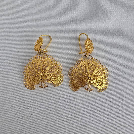 Vintage Gold Tone Peacock Filigree Earrings Boho Statement Dangle