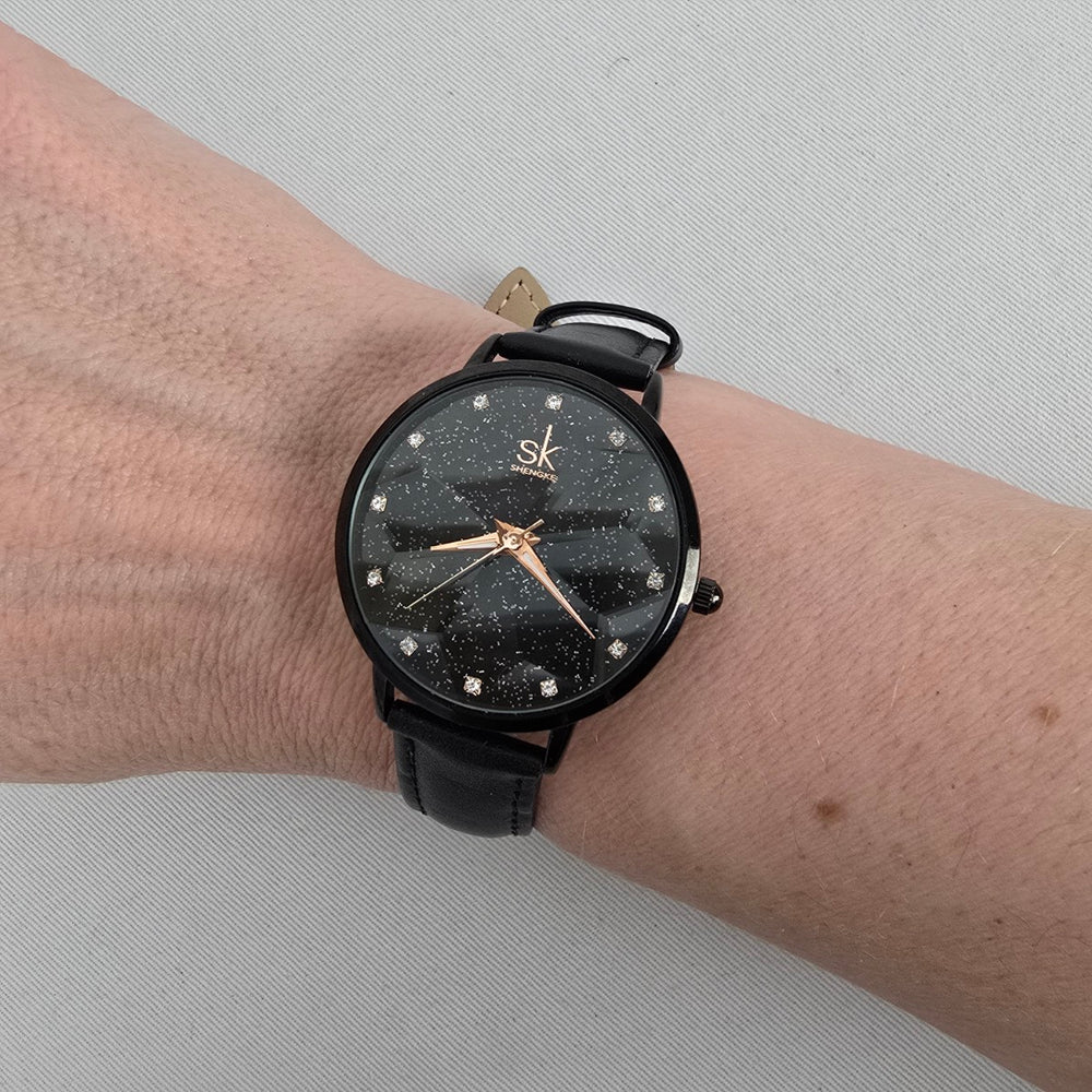 SK Shengke Black Crystal Dial Watch Minimalist Sparkle Face Quartz Leather Strap