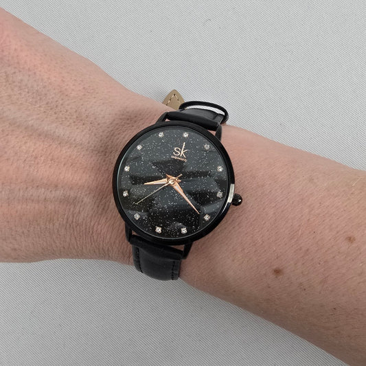 SK Shengke Black Crystal Dial Watch Minimalist Sparkle Face Quartz Leather Strap