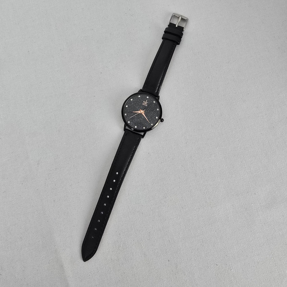 SK Shengke Black Crystal Dial Watch Minimalist Sparkle Face Quartz Leather Strap