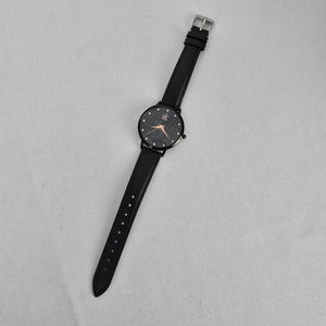 SK Shengke Black Crystal Dial Watch Minimalist Sparkle Face Quartz Leather Strap