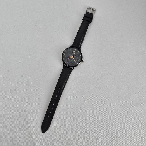 SK Shengke Black Crystal Dial Watch Minimalist Sparkle Face Quartz Leather Strap