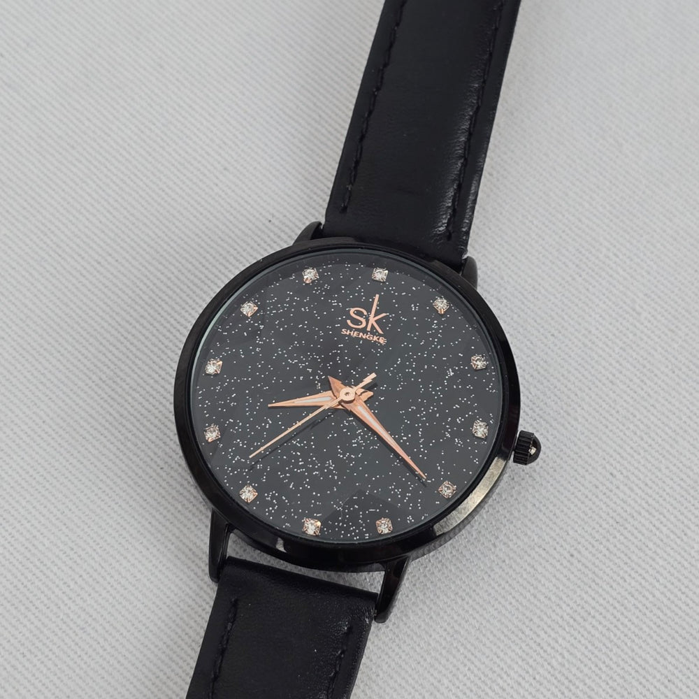 SK Shengke Black Crystal Dial Watch Minimalist Sparkle Face Quartz Leather Strap