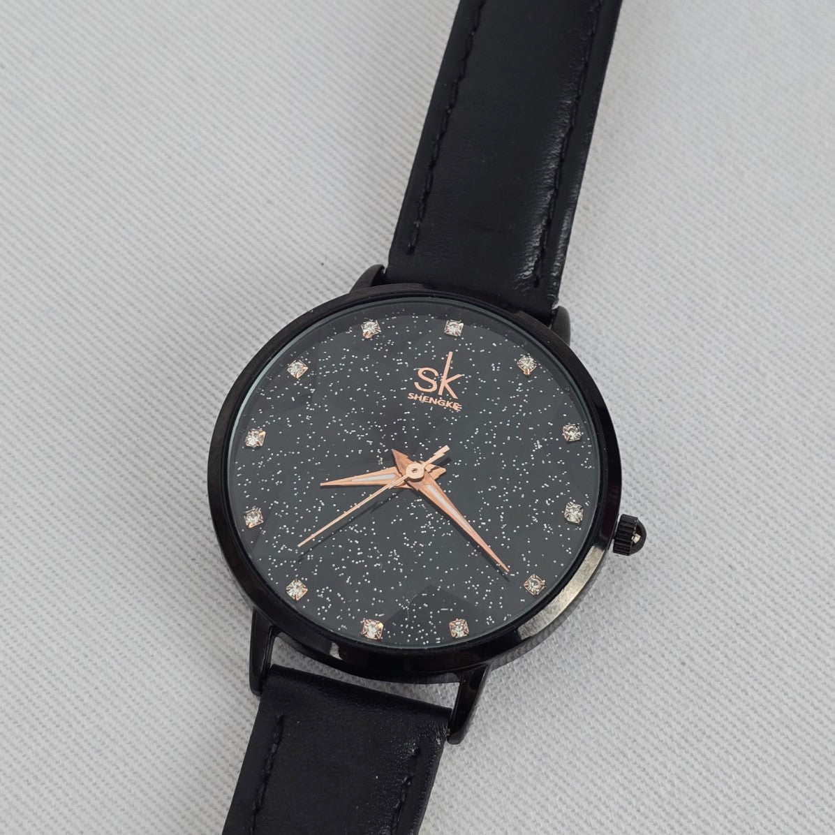 SK Shengke Black Crystal Dial Watch Minimalist Sparkle Face Quartz Leather Strap