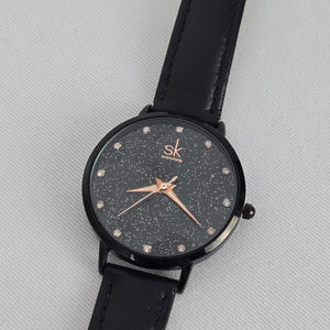 SK Shengke Black Crystal Dial Watch Minimalist Sparkle Face Quartz Leather Strap