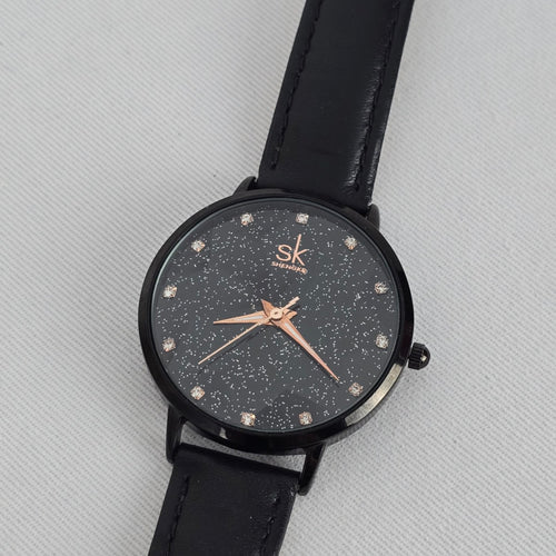 SK Shengke Black Crystal Dial Watch Minimalist Sparkle Face Quartz Leather Strap