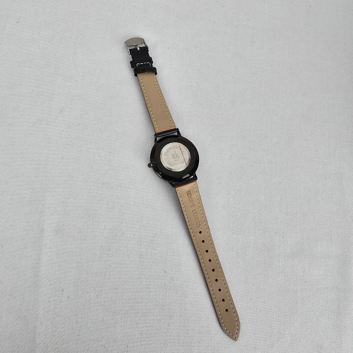 SK Shengke Black Crystal Dial Watch Minimalist Sparkle Face Quartz Leather Strap