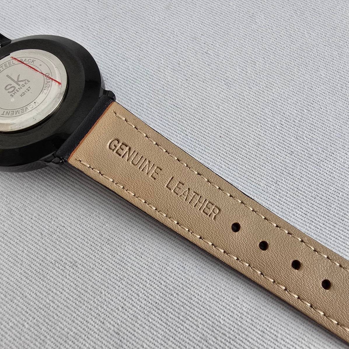 SK Shengke Black Crystal Dial Watch Minimalist Sparkle Face Quartz Leather Strap