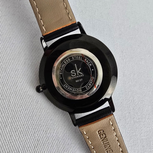 SK Shengke Black Crystal Dial Watch Minimalist Sparkle Face Quartz Leather Strap