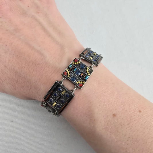 Vintage Panel Bracelet Blue Crystal Glass Mosaic Art Deco Style Silver Tone