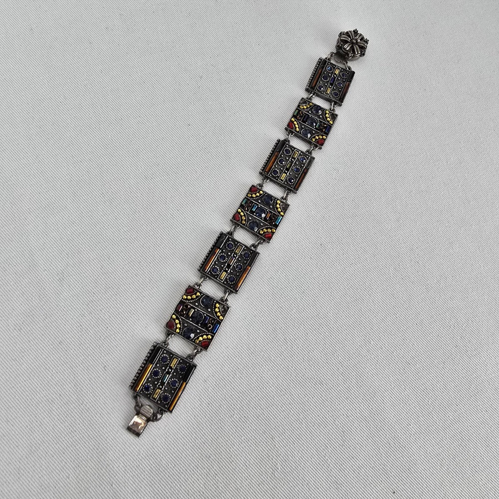 Vintage Panel Bracelet Blue Crystal Glass Mosaic Art Deco Style Silver Tone