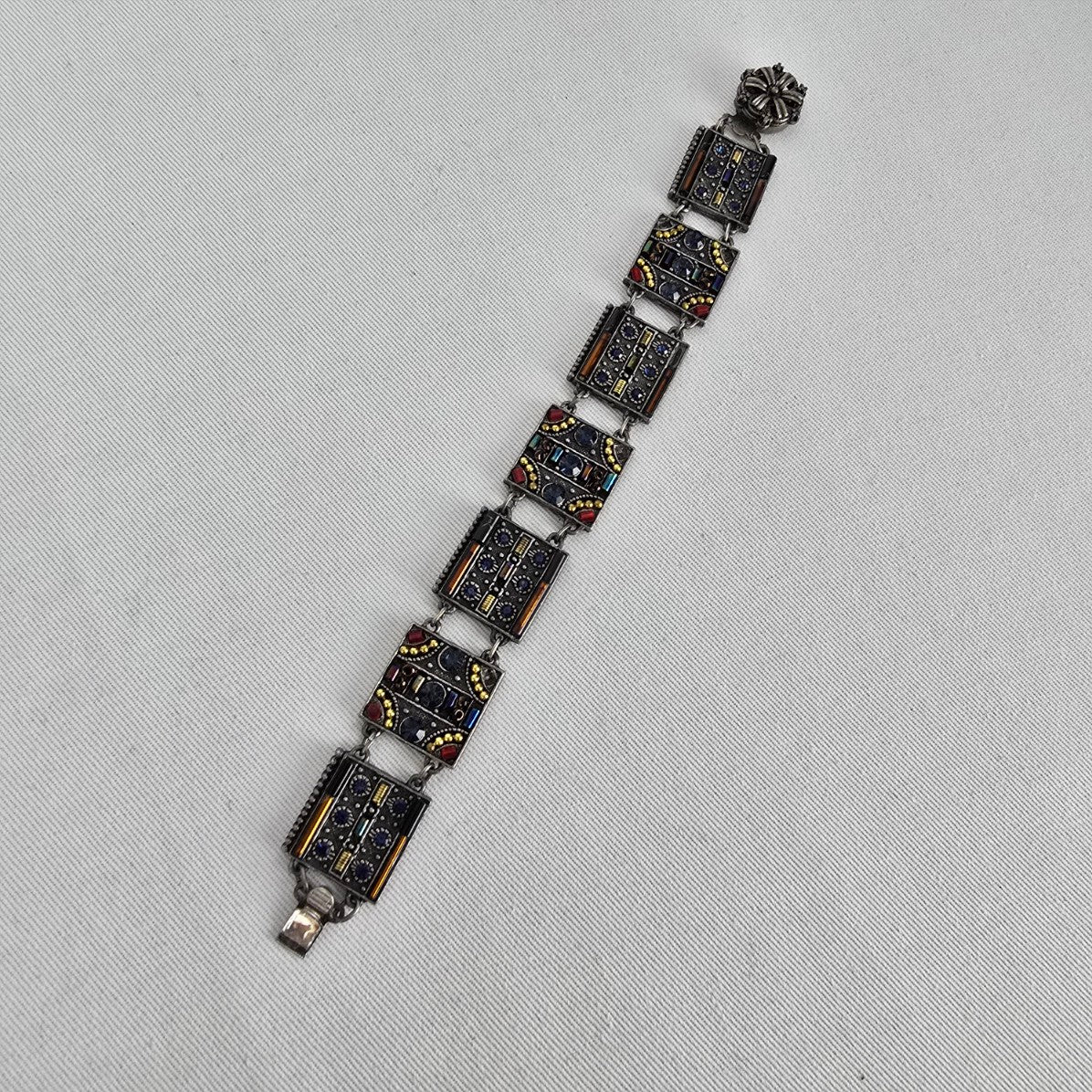 Vintage Panel Bracelet Blue Crystal Glass Mosaic Art Deco Style Silver Tone