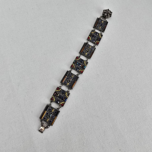 Vintage Panel Bracelet Blue Crystal Glass Mosaic Art Deco Style Silver Tone