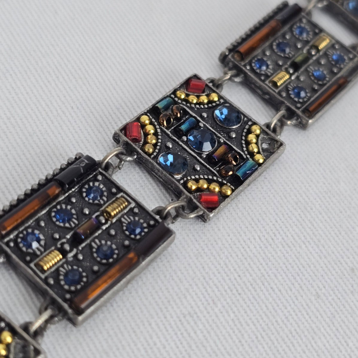 Vintage Panel Bracelet Blue Crystal Glass Mosaic Art Deco Style Silver Tone