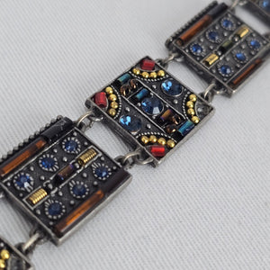 Vintage Panel Bracelet Blue Crystal Glass Mosaic Art Deco Style Silver Tone