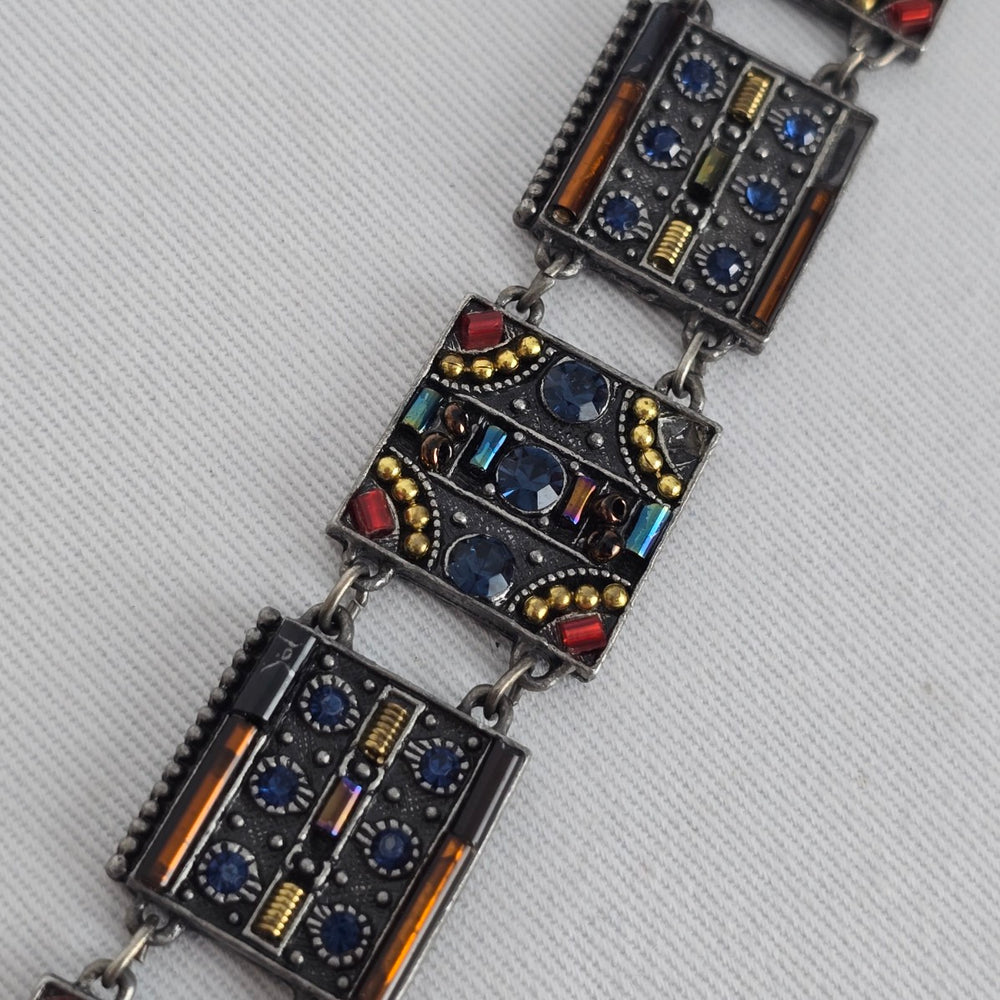 Vintage Panel Bracelet Blue Crystal Glass Mosaic Art Deco Style Silver Tone
