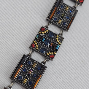 Vintage Panel Bracelet Blue Crystal Glass Mosaic Art Deco Style Silver Tone