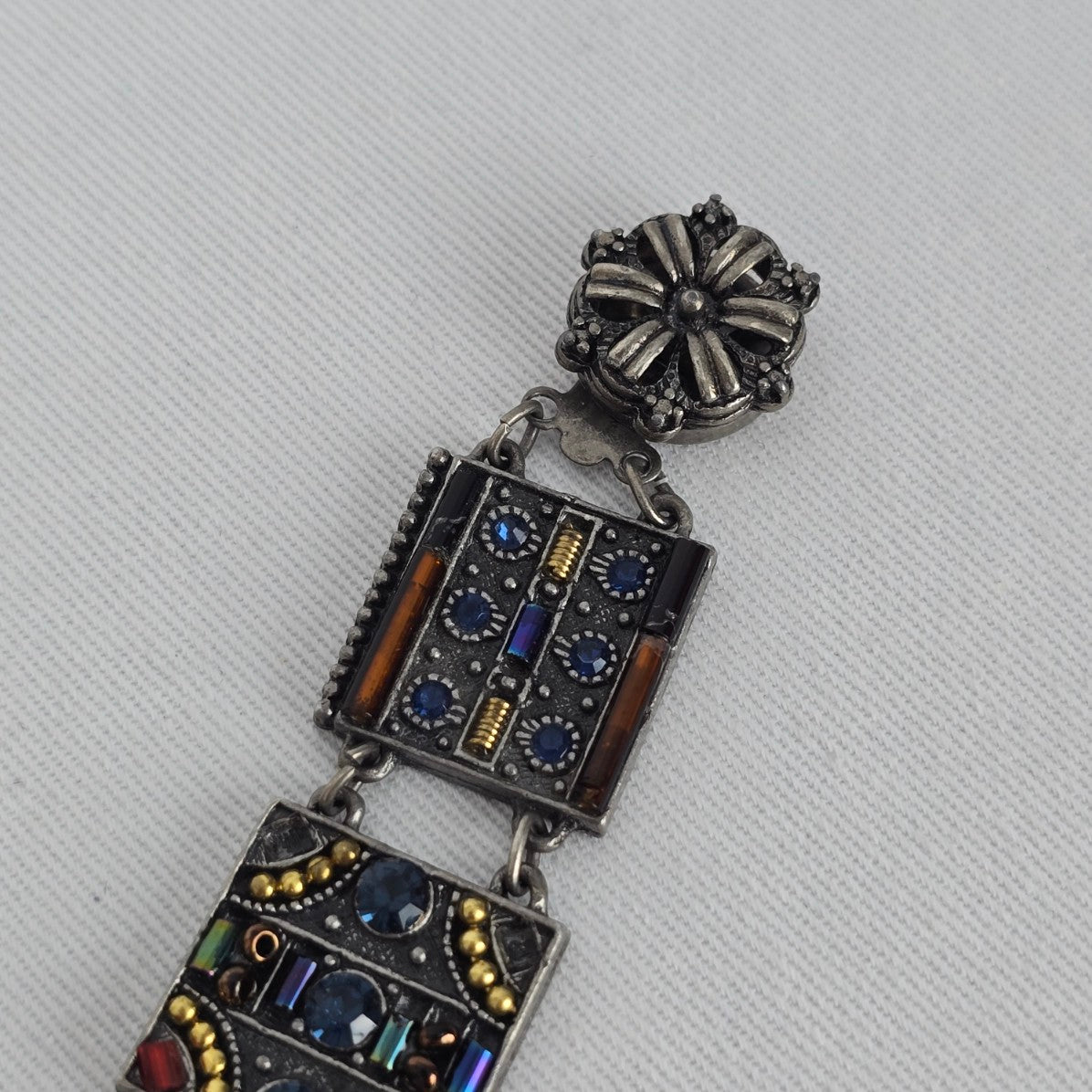 Vintage Panel Bracelet Blue Crystal Glass Mosaic Art Deco Style Silver Tone