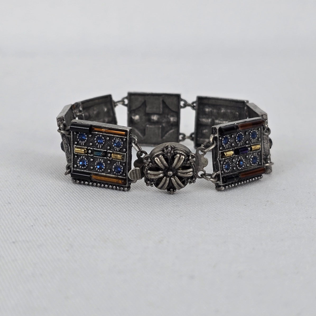 Vintage Panel Bracelet Blue Crystal Glass Mosaic Art Deco Style Silver Tone