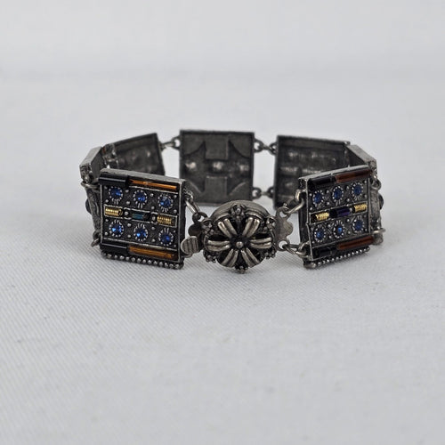 Vintage Panel Bracelet Blue Crystal Glass Mosaic Art Deco Style Silver Tone