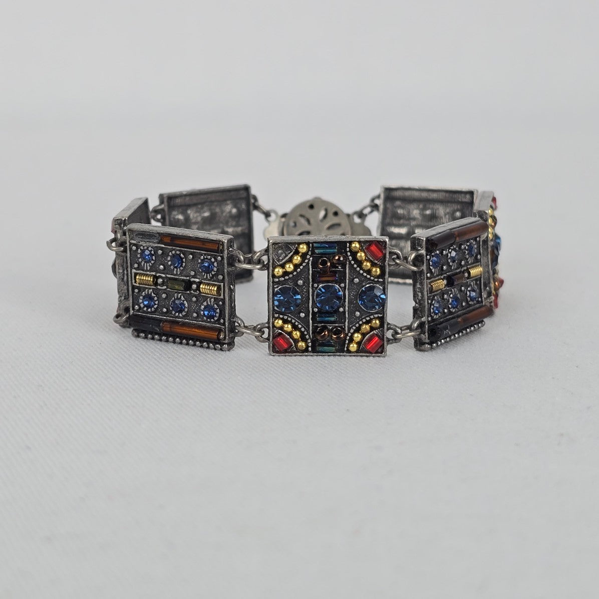 Vintage Panel Bracelet Blue Crystal Glass Mosaic Art Deco Style Silver Tone