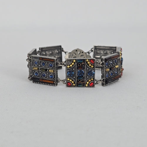 Vintage Panel Bracelet Blue Crystal Glass Mosaic Art Deco Style Silver Tone