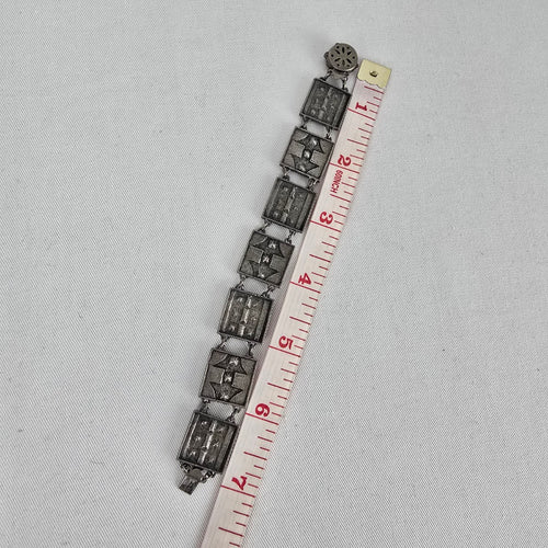 Vintage Panel Bracelet Blue Crystal Glass Mosaic Art Deco Style Silver Tone