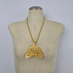 Vintage Gold Tone Filigree Peacock Pendant Necklace Statement Ornate Boho