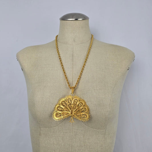 Vintage Gold Tone Filigree Peacock Pendant Necklace Statement Ornate Boho
