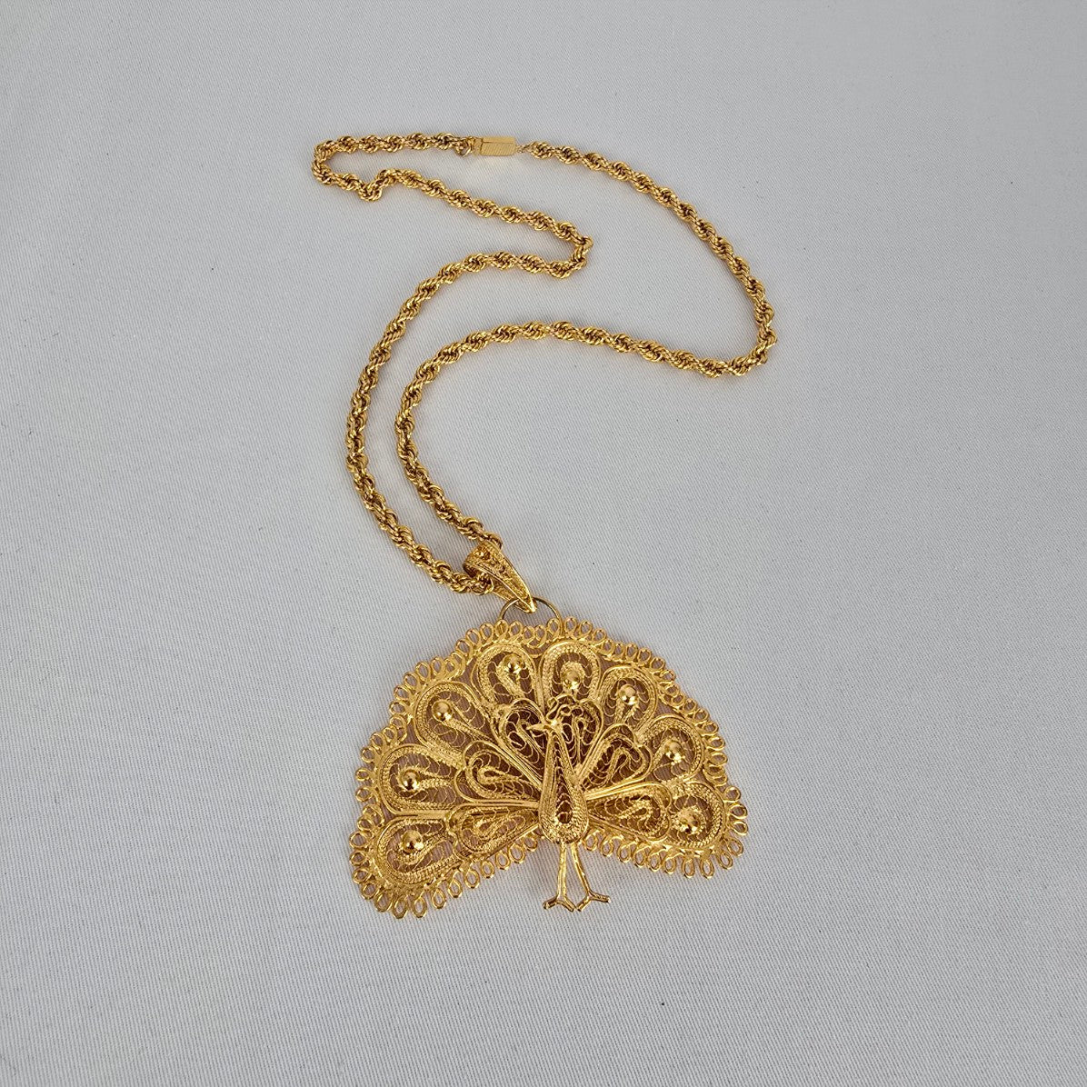 Vintage Gold Tone Filigree Peacock Pendant Necklace Statement Ornate Boho