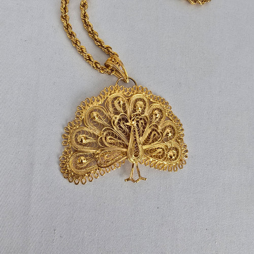 Vintage Gold Tone Filigree Peacock Pendant Necklace Statement Ornate Boho