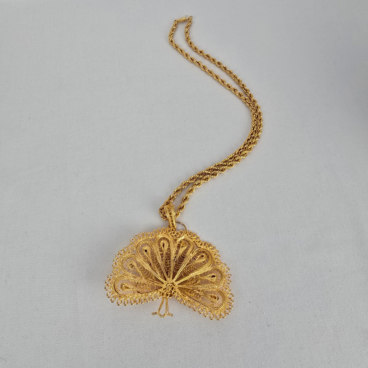 Vintage Gold Tone Filigree Peacock Pendant Necklace Statement Ornate Boho