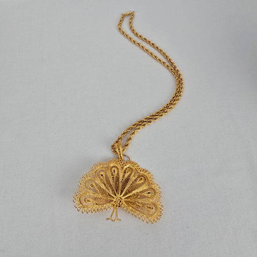 Vintage Gold Tone Filigree Peacock Pendant Necklace Statement Ornate Boho
