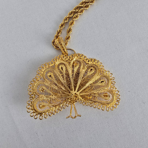 Vintage Gold Tone Filigree Peacock Pendant Necklace Statement Ornate Boho