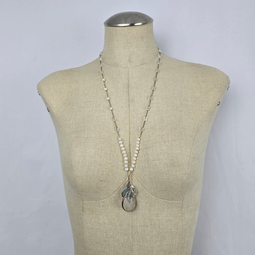 Silpada Oh So Pretty Pearl Quartzite Rock Crystal Silk Cord Necklace Sterling Silver