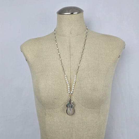 Silpada Oh So Pretty Pearl Quartzite Rock Crystal Silk Cord Necklace Sterling Silver