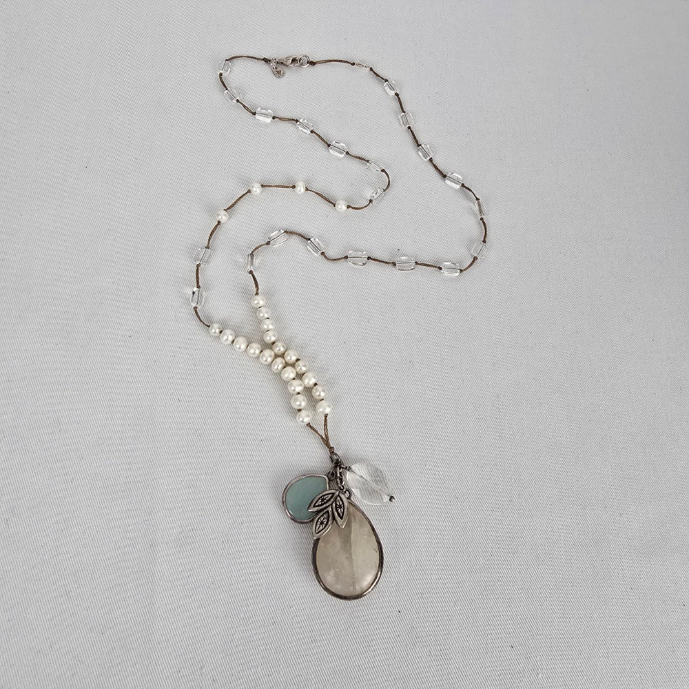 Silpada Oh So Pretty Pearl Quartzite Rock Crystal Silk Cord Necklace Sterling Silver