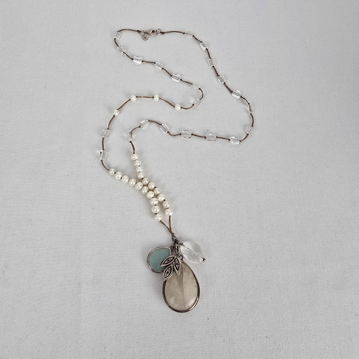 Silpada Oh So Pretty Pearl Quartzite Rock Crystal Silk Cord Necklace Sterling Silver