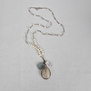 Silpada Oh So Pretty Pearl Quartzite Rock Crystal Silk Cord Necklace Sterling Silver