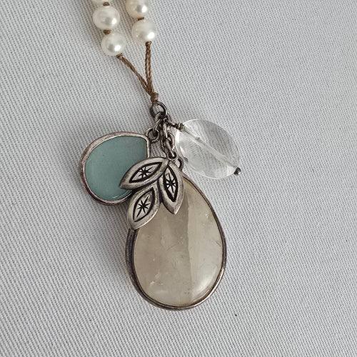 Silpada Oh So Pretty Pearl Quartzite Rock Crystal Silk Cord Necklace Sterling Silver