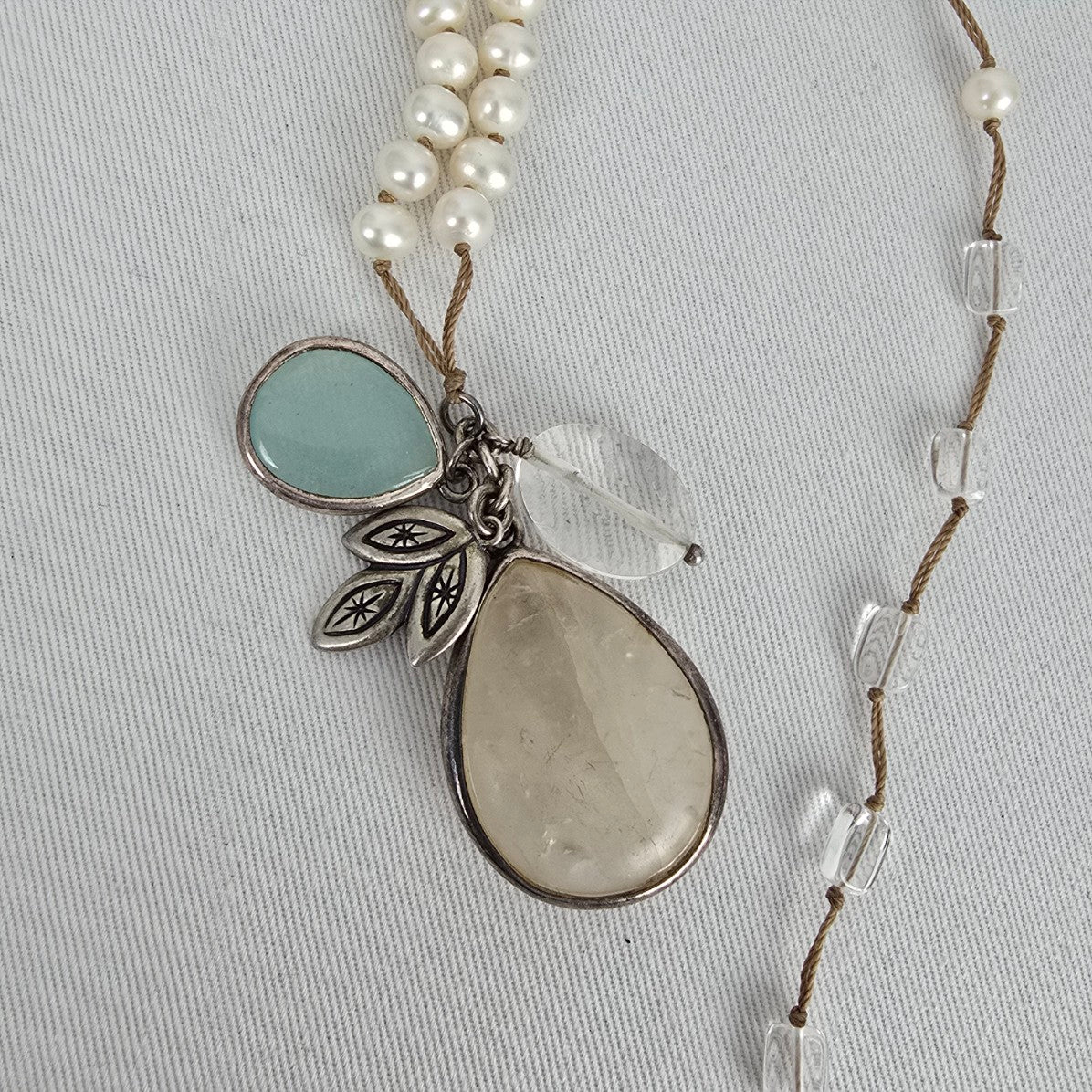 Silpada Oh So Pretty Pearl Quartzite Rock Crystal Silk Cord Necklace Sterling Silver