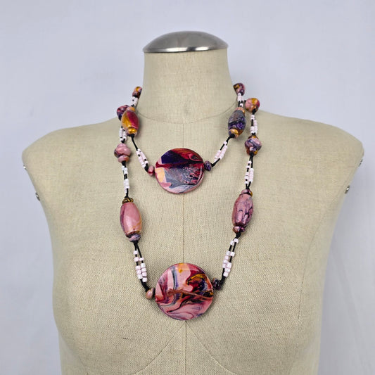 Artisan Style Beaded Statement Necklace Pink Marbled Disc Long Boho Handmade