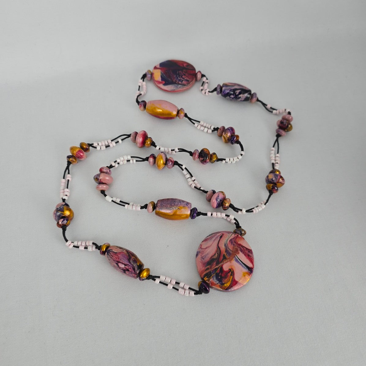Artisan Style Beaded Statement Necklace Pink Marbled Disc Long Boho Handmade