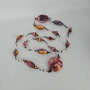 Artisan Style Beaded Statement Necklace Pink Marbled Disc Long Boho Handmade