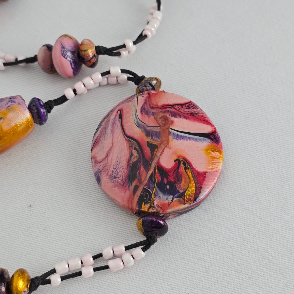 Artisan Style Beaded Statement Necklace Pink Marbled Disc Long Boho Handmade
