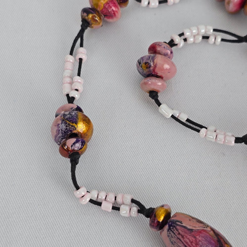 Artisan Style Beaded Statement Necklace Pink Marbled Disc Long Boho Handmade