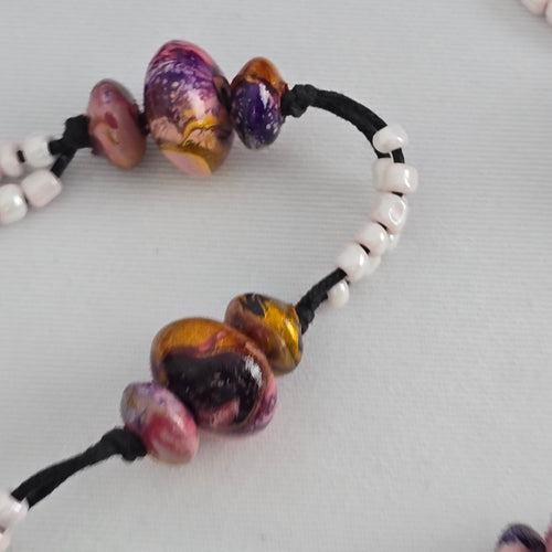 Artisan Style Beaded Statement Necklace Pink Marbled Disc Long Boho Handmade