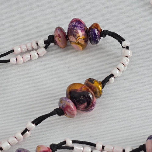 Artisan Style Beaded Statement Necklace Pink Marbled Disc Long Boho Handmade
